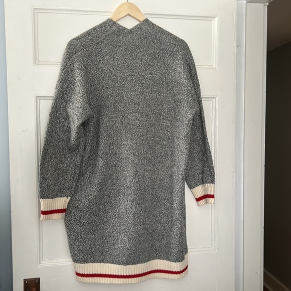 Cardigan tunic, ladies open front, light gray with ivory and red hem /cuffs,L/XL - Picture 4 of 6